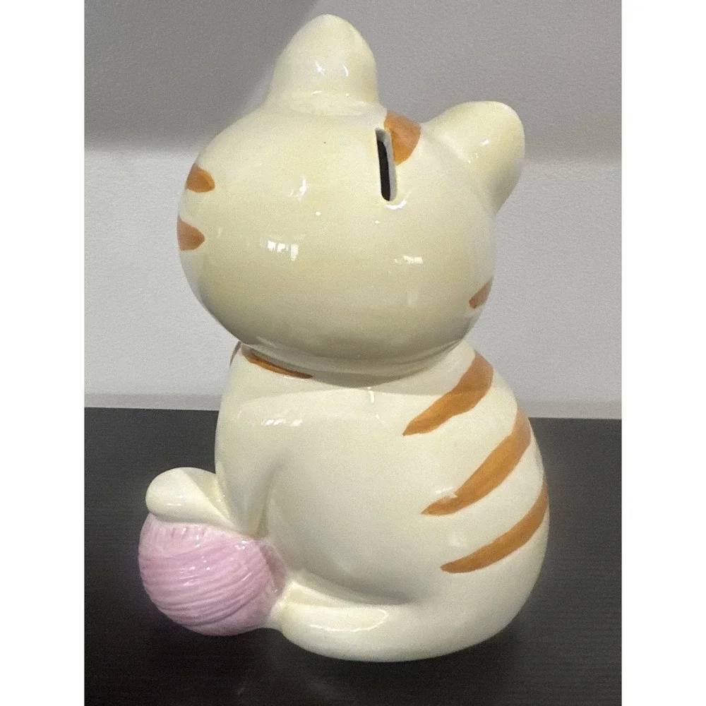 Ceramic Winking Striped Cat Piggy Bank Kitty Kitten Flower Yarn 12